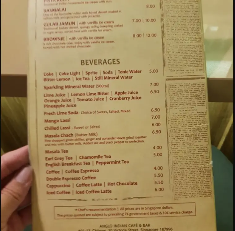 ANGLO INDIAN SINGAPORE MENU