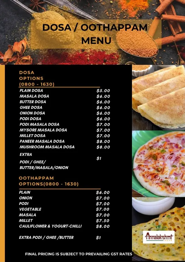 ANNALAKSHMI SINGAPORE MENU