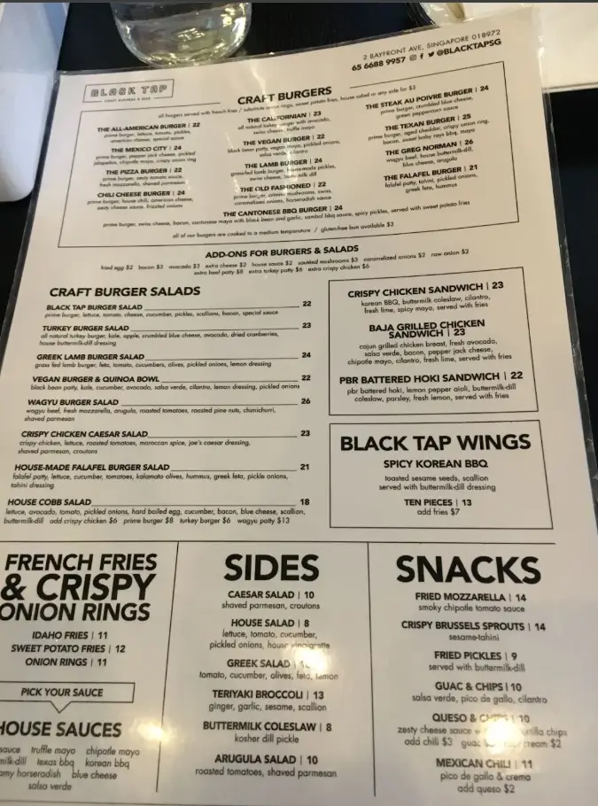 BLACK TAP SINGAPORE MENU