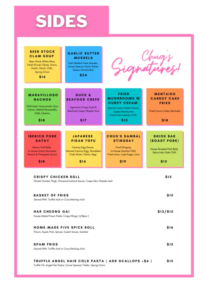 CHUG CHUG SINGAPORE MENU