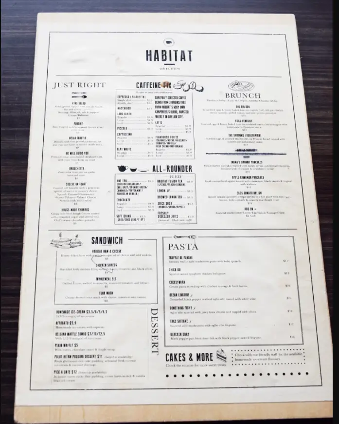 HABITAT COFFEE SINGAPORE MENU