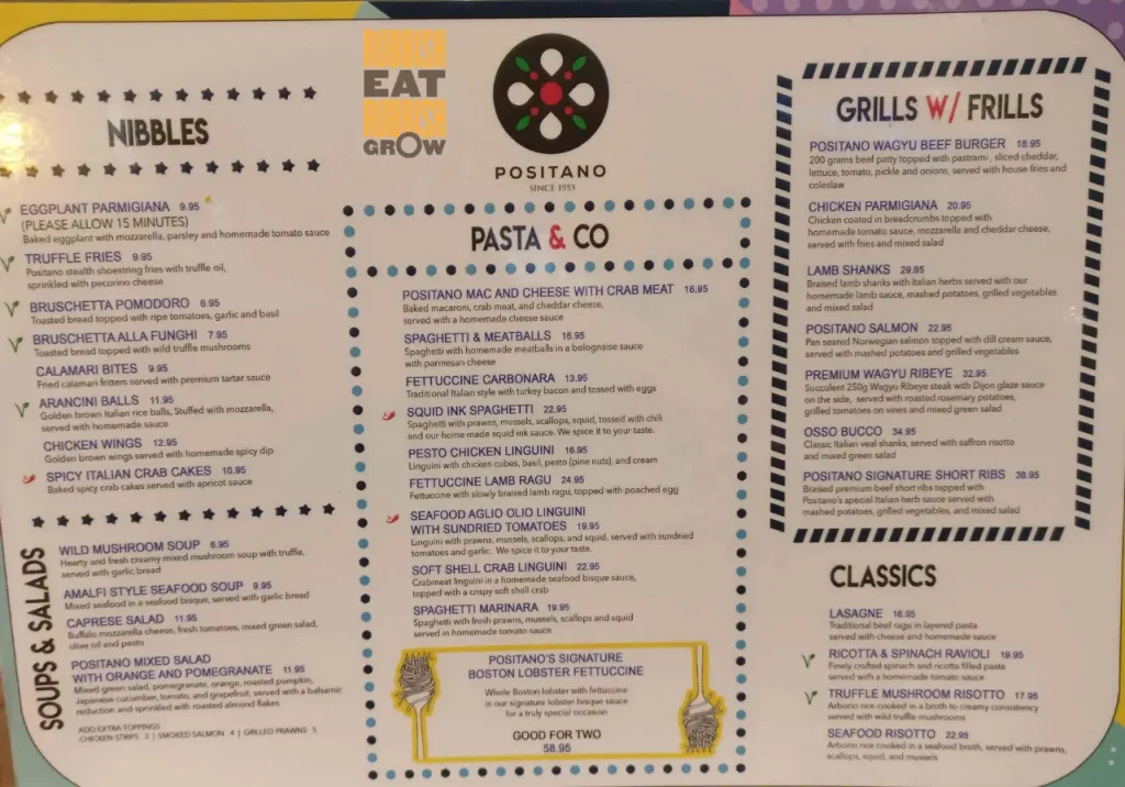 POSITANO RISTO SINGAPORE MENU