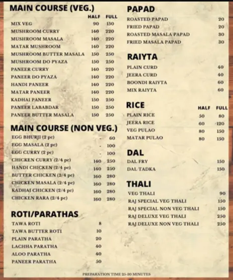 RAJ RESTAURANT SINGAPORE MENU