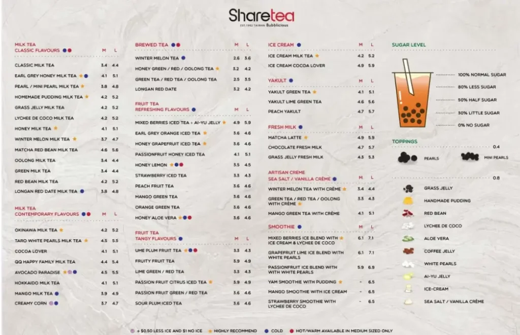 SHARETEA SINGAPORE MENU