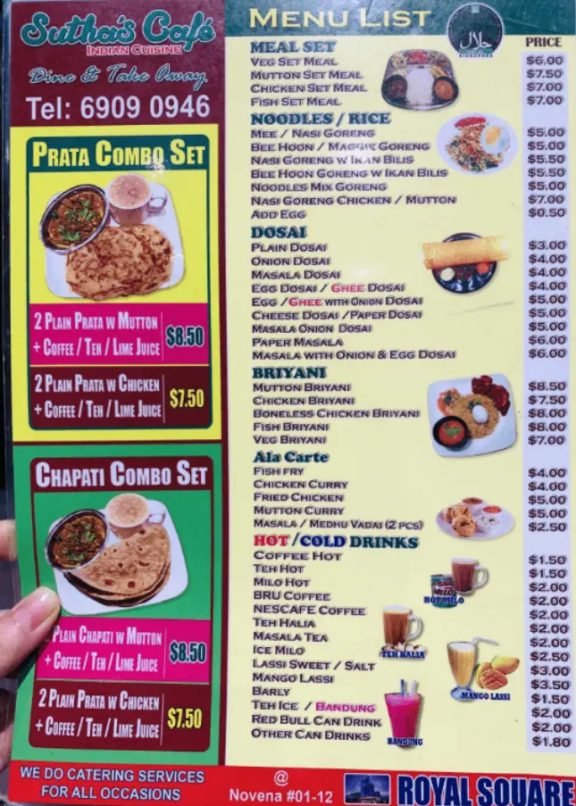 SUTHA’S CAFE SINGAPORE MENU