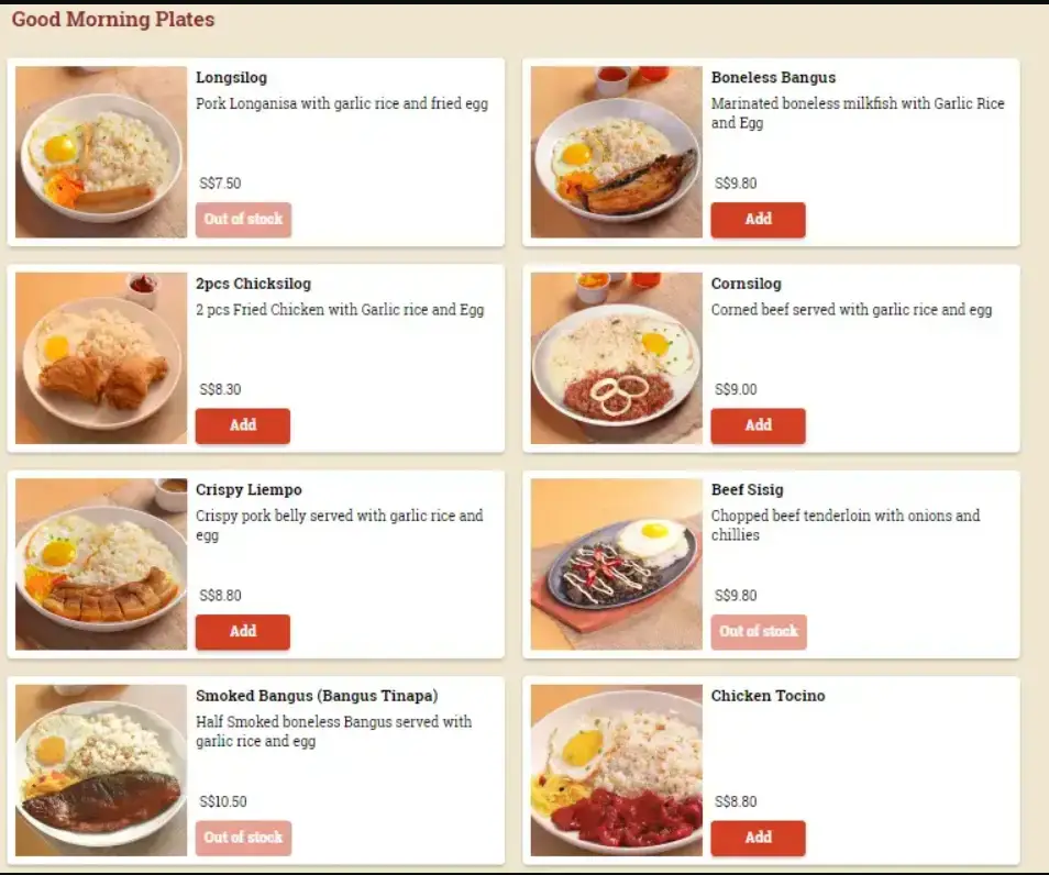 TAPA KING SINGAPORE MENU