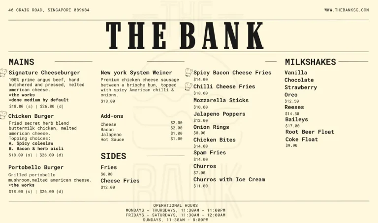 THE BANK SINGAPORE MENU PRICES