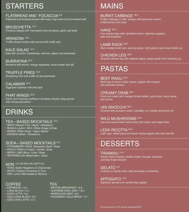 TIPO PASTA BAR SINGAPORE MENU PRICES