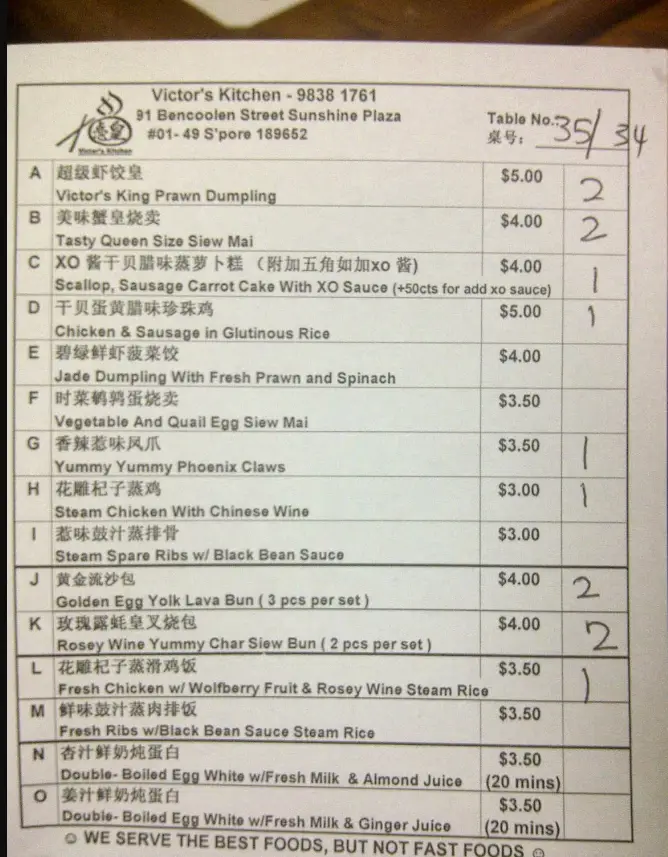 VICTOR’S KITCHEN SINGAPORE MENU