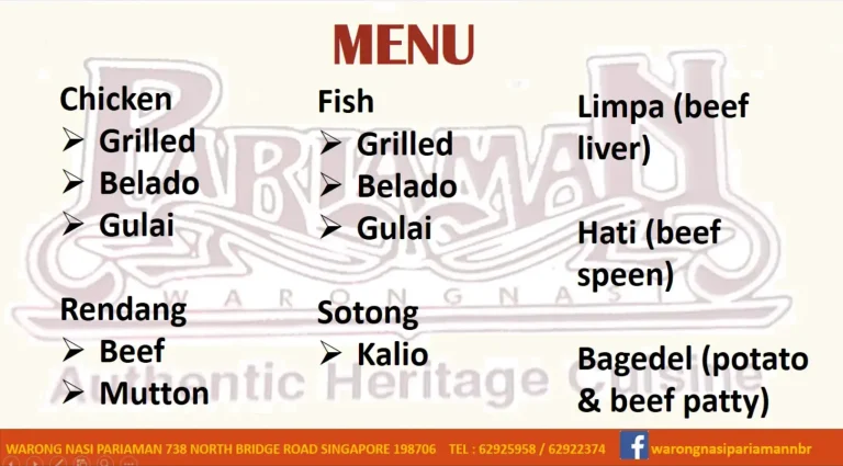 WARONG NASI PARIAMAN SINGAPORE MENU PRICES