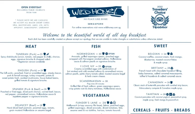 WILD HONEY SINGAPORE MENU PRICES