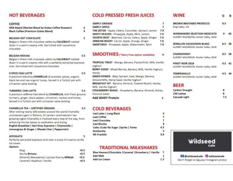 WILDSEED CAFE SINGAPORE MENU PRICES